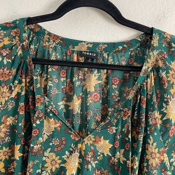 TORRID Plus 3X Green Floral Long Sleeve Blouse V Neck Tie Front Shirt Top - Picture 10 of 12